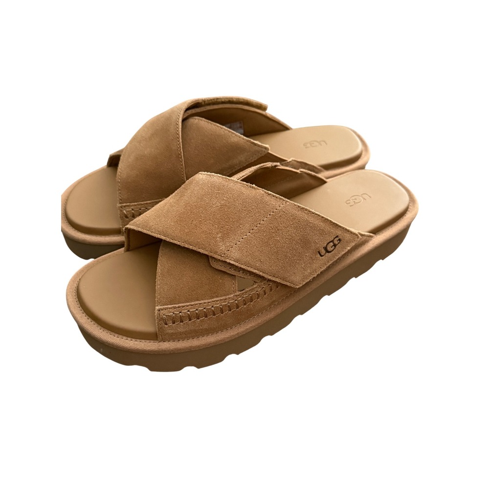 UGG Goldenstar Cross Strap Platform Slide Sandals Chestnut Suede Womens 10